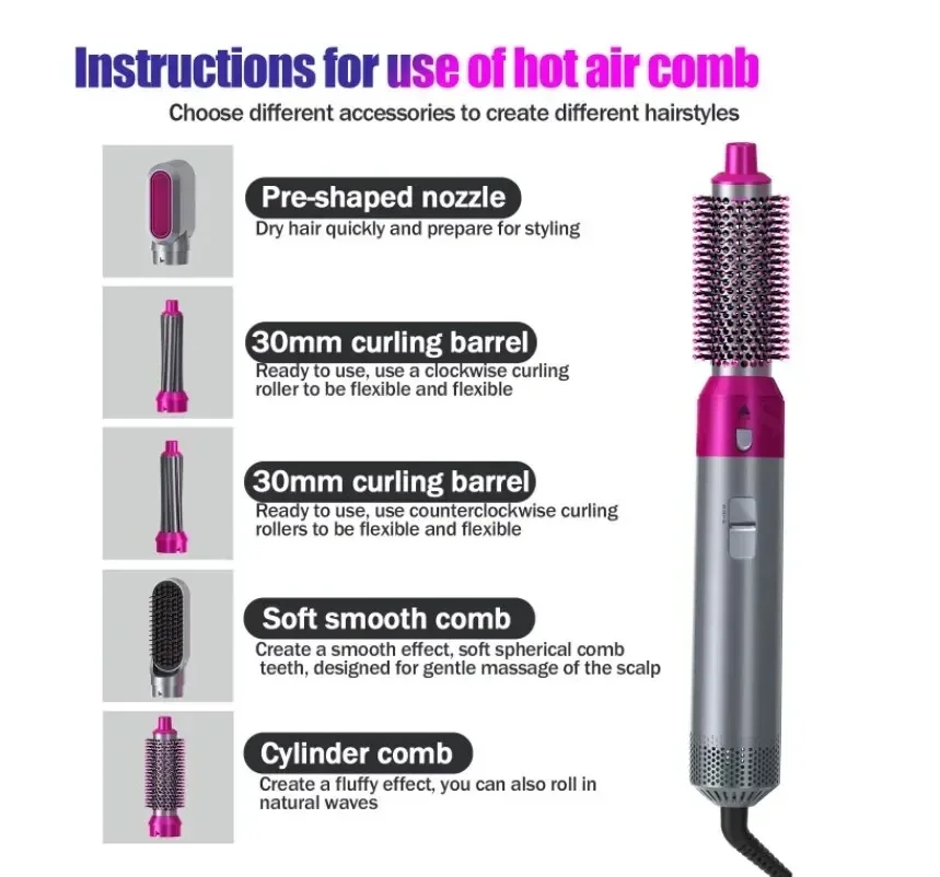 5 In 1 Quality Hairdryer Comb Hot Air Comb For Curling And Straightening Hair Automatic Straight Hair Comb Styling Hair Dryer 3
