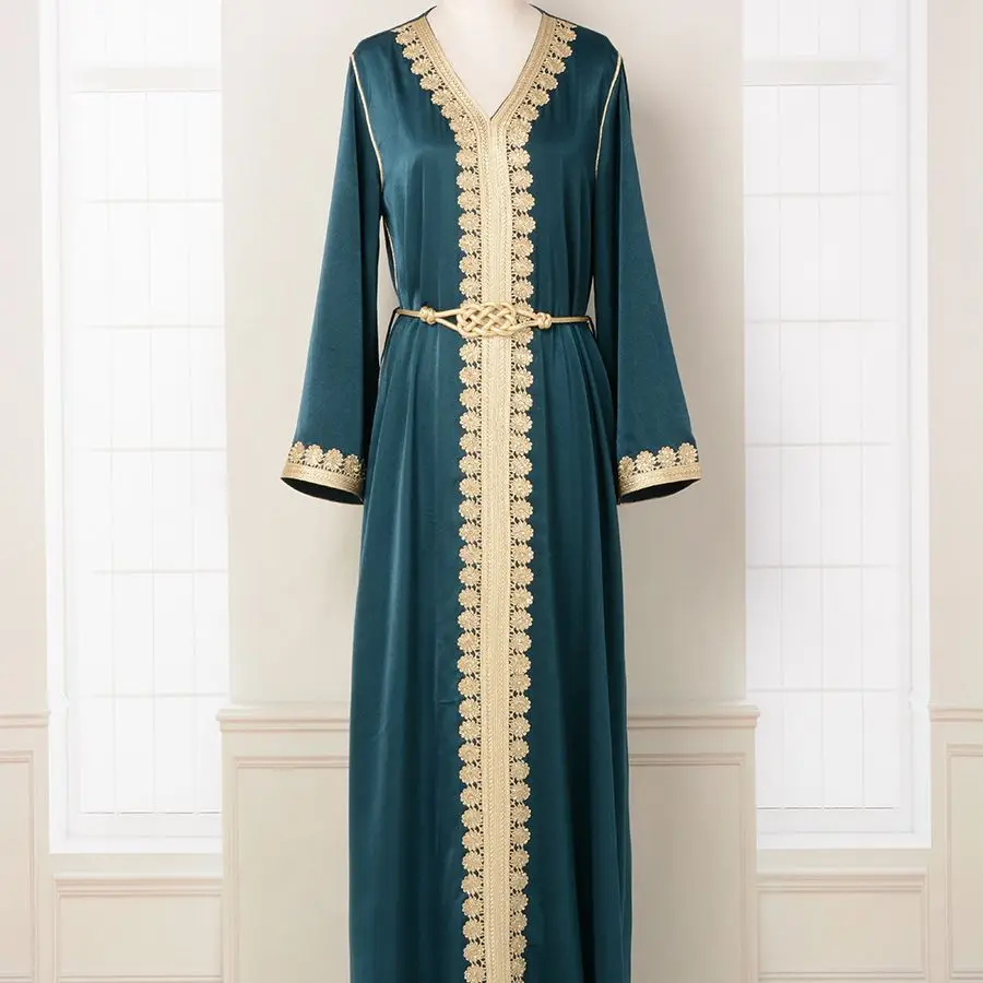 Women Dress Arabic Robe Gold Embroidered Lace Fashion