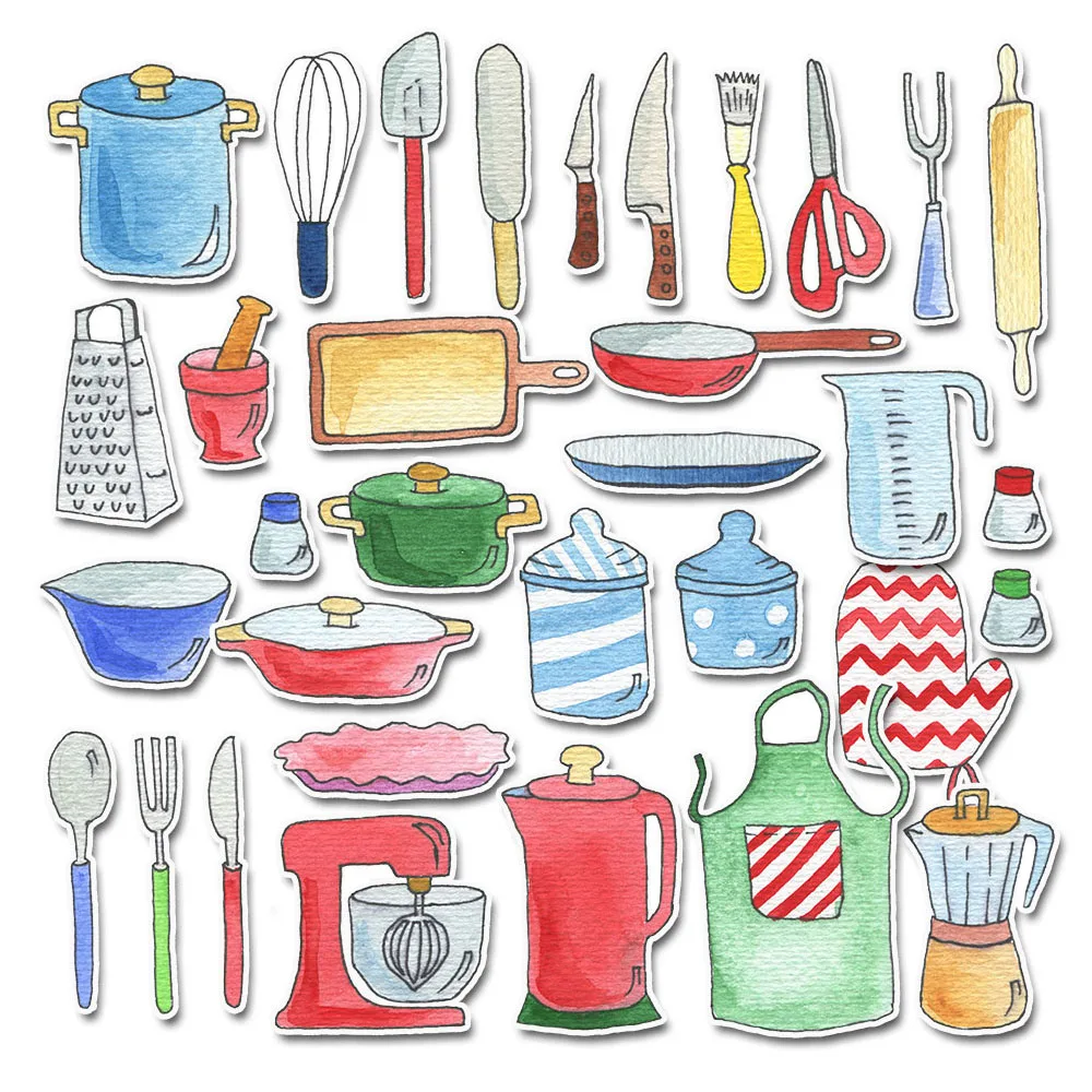 

33pcs Watercolor Kitchen Utensil Sticker Pack Self Adhesive Decals for Scrapbook, Phone Case, DIY Card Making, Album, Journals