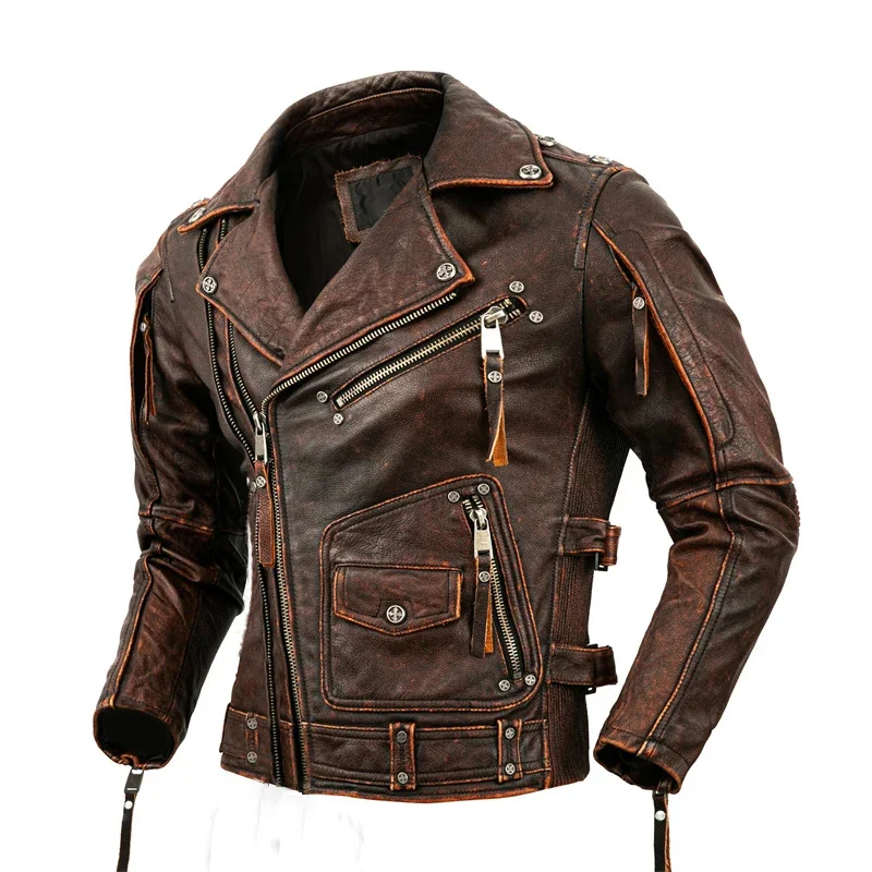 

Men's Natural Leather Motorcycle Jacket Top Layer Cowhide Biker Retro Moto Suit Stone Milled Large Size