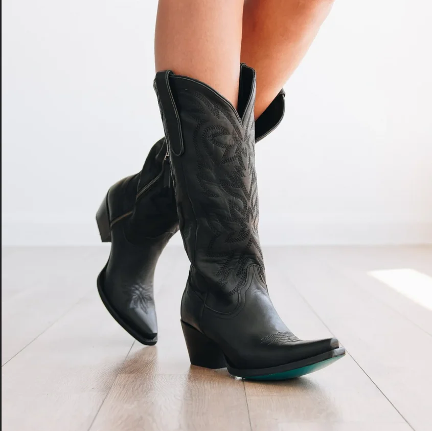 Embroidered White Western Boots 2024 Autumn Retro Mid Calf Cowgirl Women's Boots With Side Zip Lady Shoes