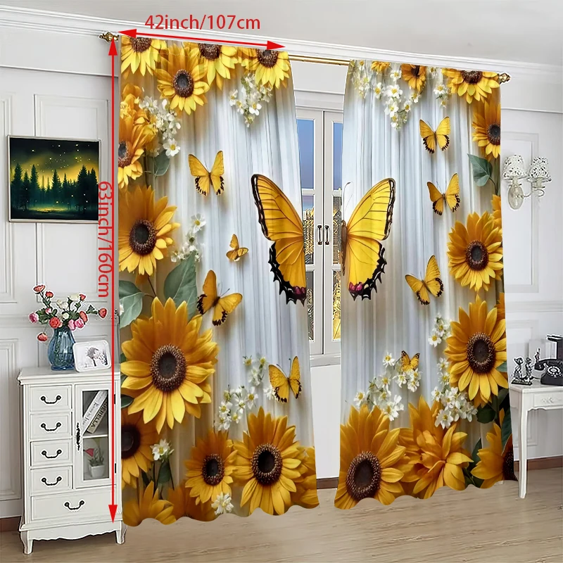 2pcs - Vintage Spring Art Curtains, Sunflower and Butterfly, suitable for, bedroom curtains, living room, kitchen, 2