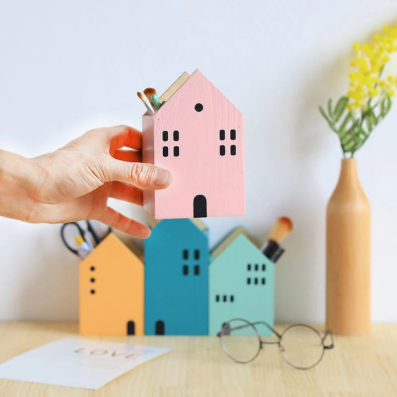 Pencil Case Desk Organizer Storage Organizer Pen Pouch Wooden House Pen Holder for Home Office