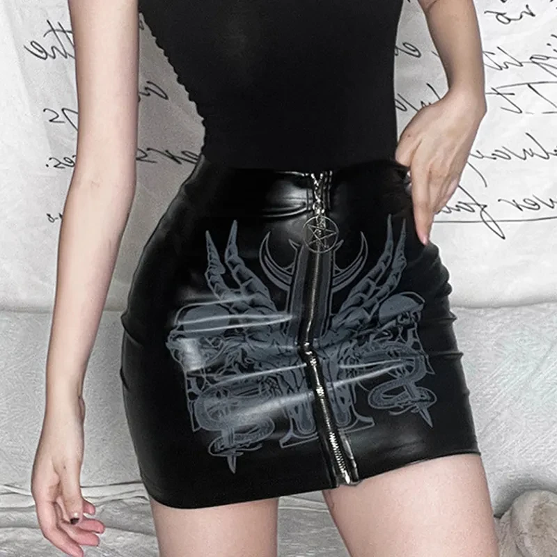 

Goth Dark Gothic Aesthetic Zip Up Sexy Mini Skirts Punk Printed Emo High Waist Skirt Women Party Bodycon Alt Clothes Y2K leather