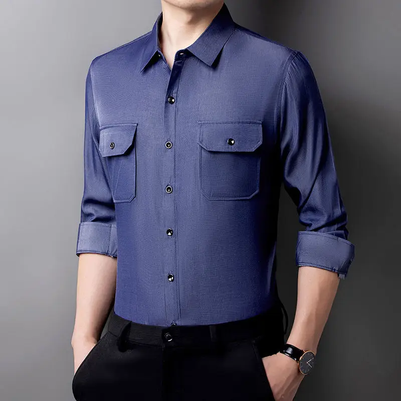 Spring New Korean Fashion Casual Long Sleeved Shirt Men's Lapel Solid Button Pocket Workwear Trend Versatile Loose Ventilate Top custom your logo summer women set solid basic split t shirt solid loose two piece set cotton ventilate fashion casual clothing