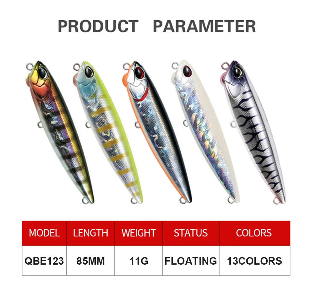Description Picture 4 of item8.5cm 11g Fishing Lures Pencil Bait Wobbler Long Casting Topwater Floating Jerkbait Artificial Hard Bait Trout Bass Decoy QBE123