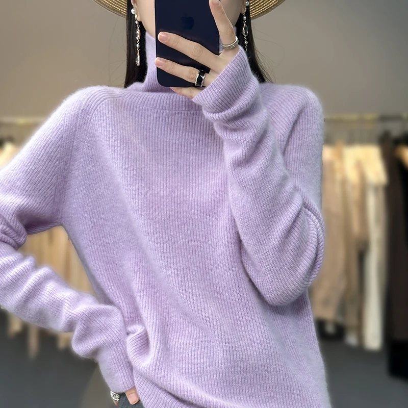 

Autumn and winter new high-necked thick 100% pure wool ladies solid color loose pullover knitted bottoming shirt.
