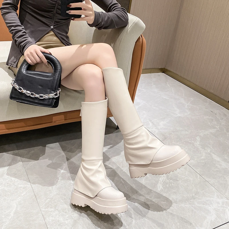Women Knee High Boots Soft Leather Platform Winter Motorcycle Shoes Woman High Heels Long Boots Ins Hot Chunky Boots Botas Mujer