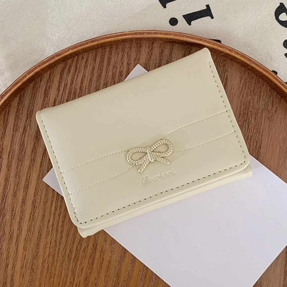 Women Bow Cute Coin Wallet Snap Closure PU Leather Card Bag Solid Color Short Wallet Bags Credit Card Holder Fashion Clutch Bag