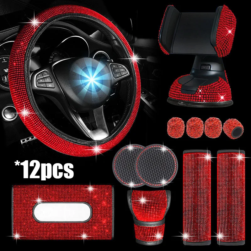 Red Rhinestone Car Interior Accessories For Women Diamond Steering Wheel  Cover Crystal Car Mount Holder Keychain Tissue Box Deco - Steering Covers -  AliExpress