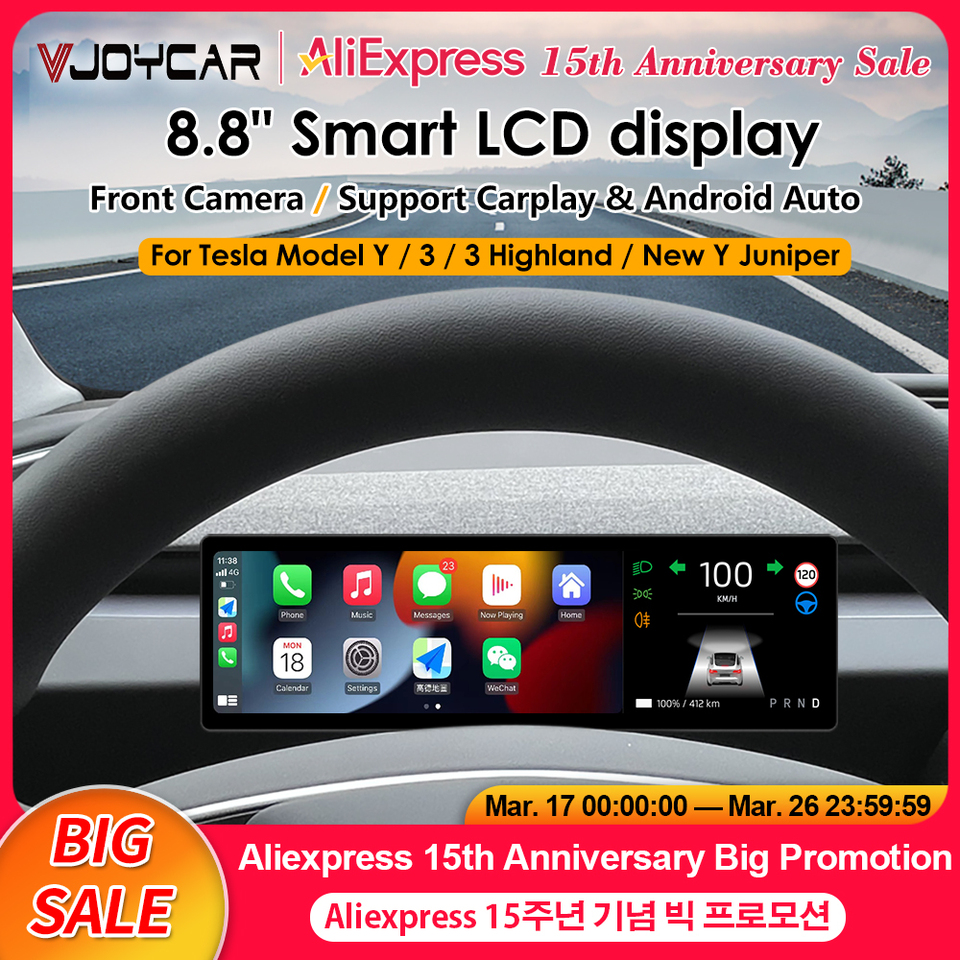 8.8 inches New Dashboard Screen For Tesla Model 3 Y Support Wireless Carplay & Android Auto Blind Spot Monitor Optional Camera