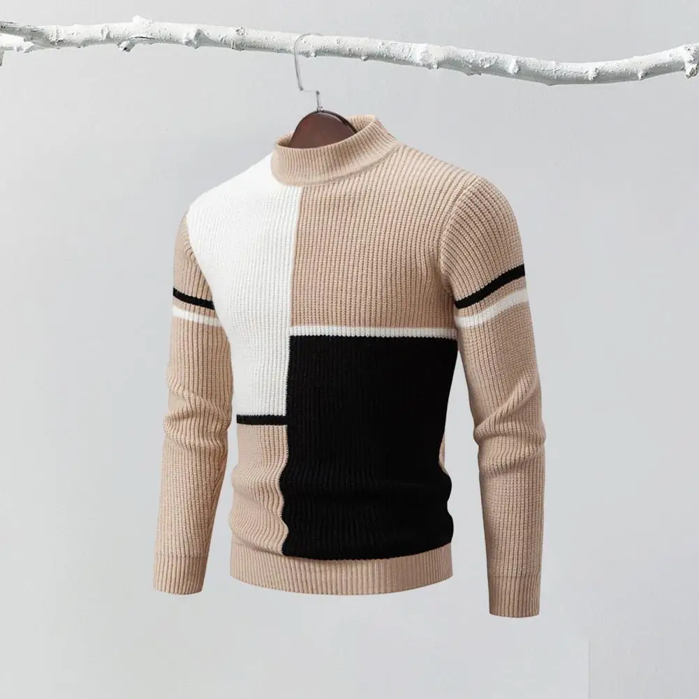 

High Elasticity Sweater Colorblock Knitted Men's Sweater with Half-high Collar Slim Fit Warmth for Fall Winter Soft Stretchy