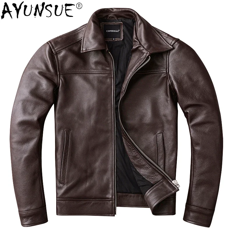Men Leather Jacket AYUNSUE Men's Real Cowhide Genuine Leather Jacket Autumn Coat