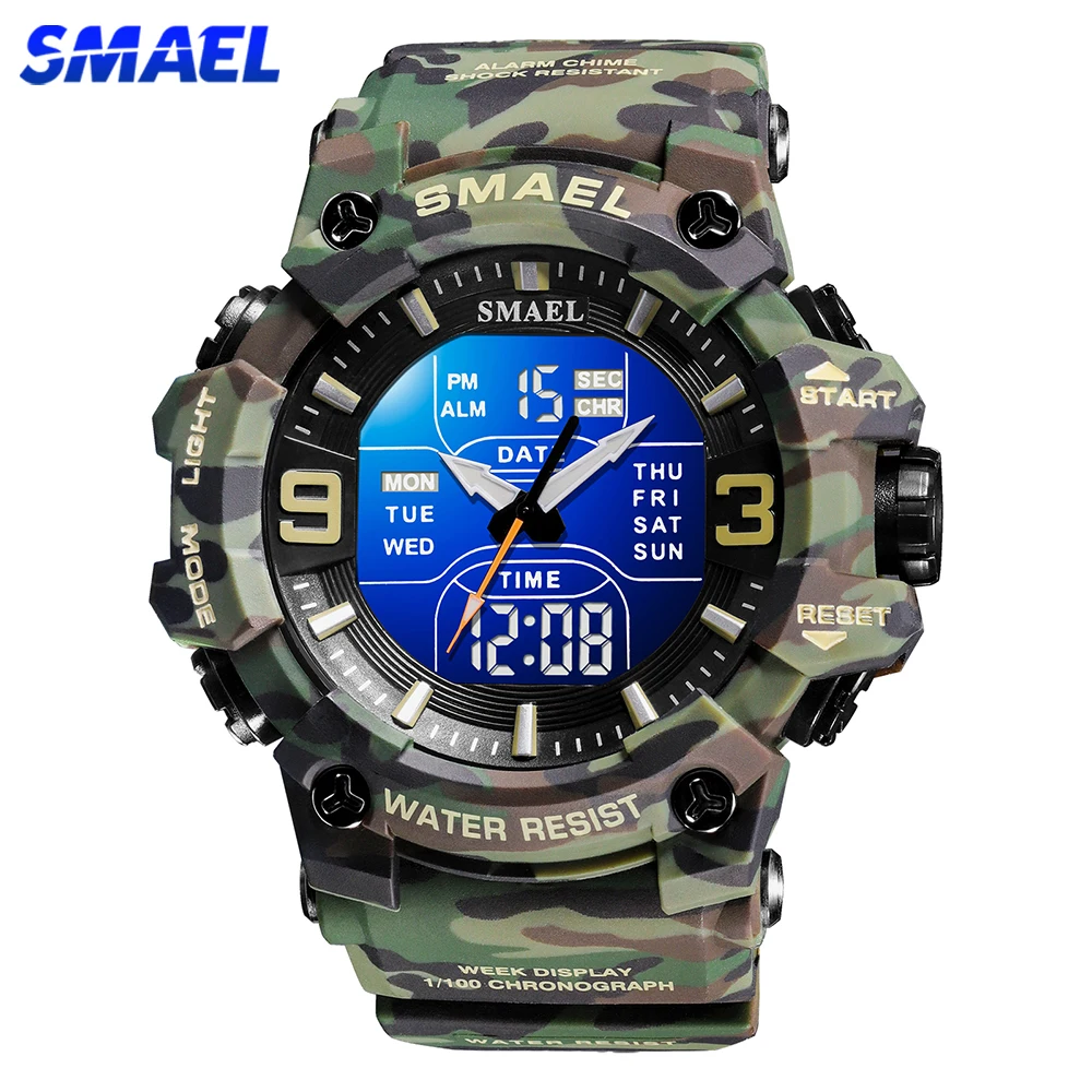 SMAEL Outdoor Military Men Watch Camouflage PU Waterproof Quartz Analog Wristwatches Dual Time Casual Sport Style Digital Clock 2pcs men s watch bracelet set with black box fashion leather analog quartz wristwatches business gifts set for men drop shipping