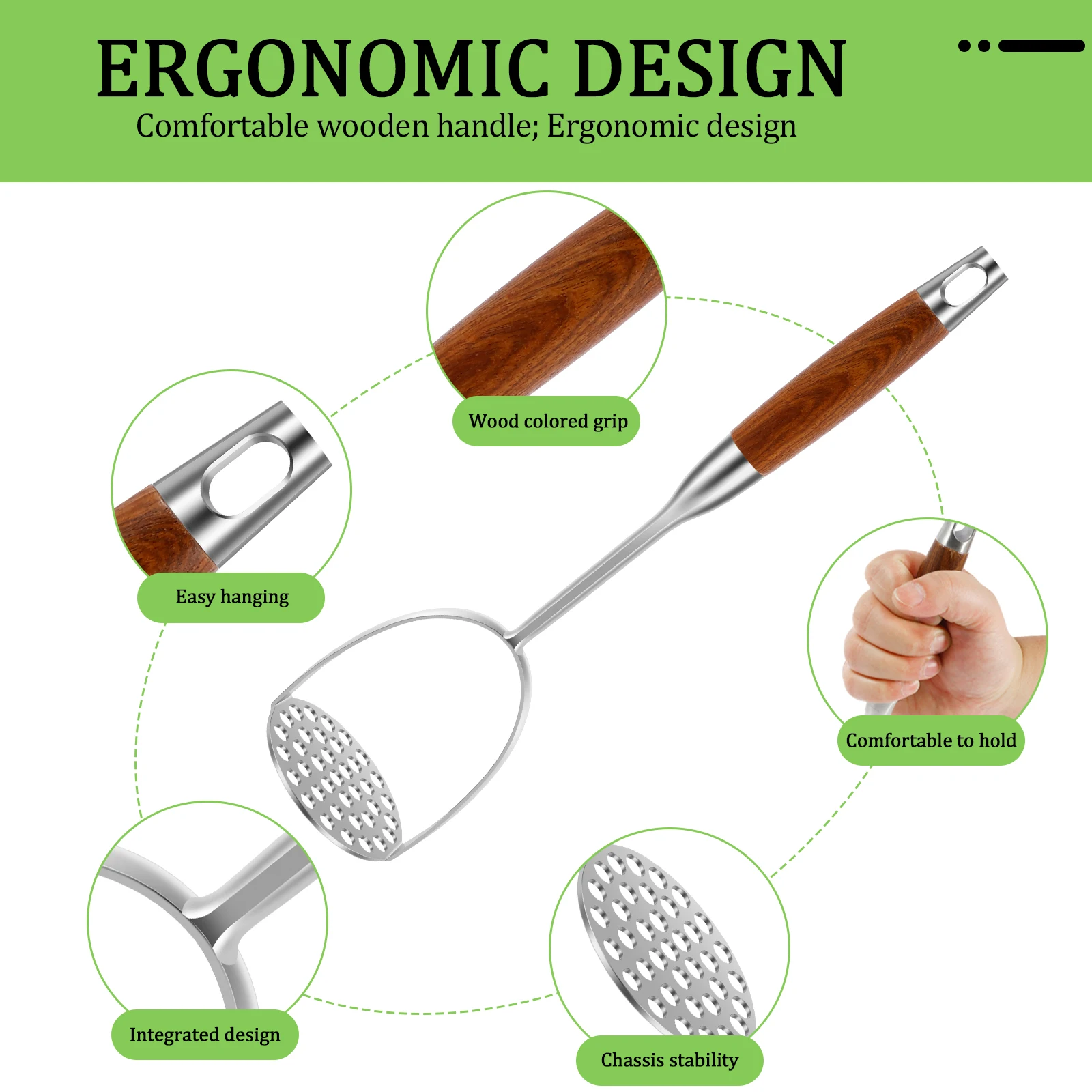 Stainless Steel Mashed Potato Masher Wood Handle Heavy Duty Potato Masher Integrated Kitchen Tool Avocado Beans Potato Masher