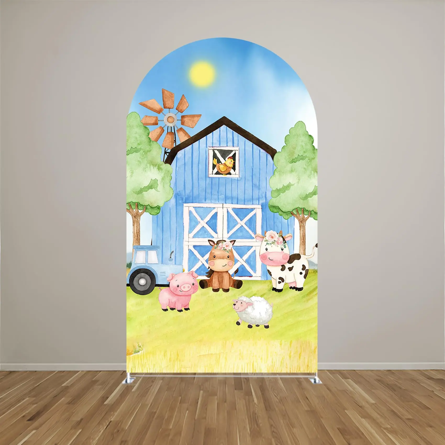 

Farm Animals Birthday Backdrop, Bilayer Fabric, Washable, Arch Stand Not Included, Farm Theme Party Decor