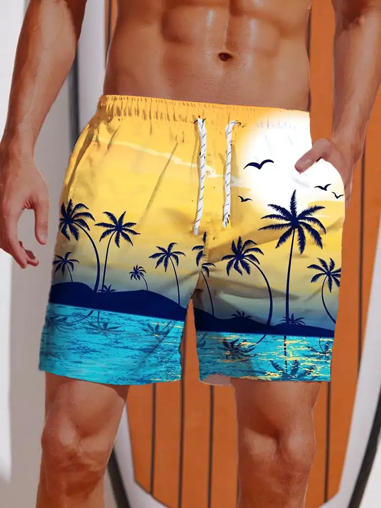 2024 3D Printed Hawaiian Vacation Style Printing Shorts Men's Board Shorts Casual Swim Trunks Drawstring Breathable Short Summer 4