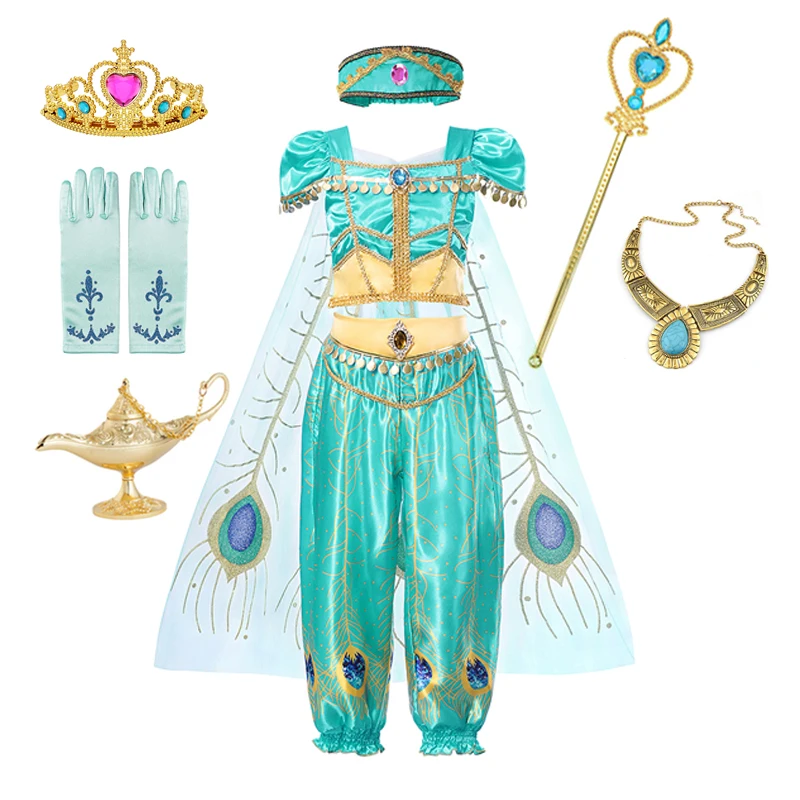 thumbnail image 5 of Disney-vestido de princesa Jasmine para fiesta de cumpleaños, conjunto de ropa de Cosplay de Aladdín, lámpara agic, Top, pantalones y diadema, 5 of 5