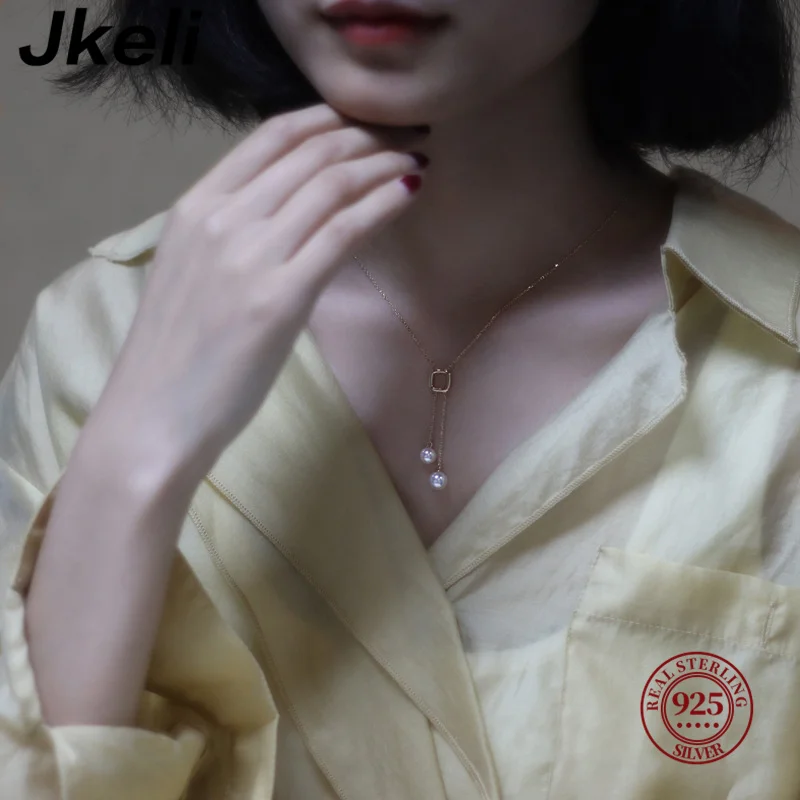Japanese S925 Sterling Silver Double Pearl Necklace Y-shaped Long Tassel Premium Light Fashion Sweater Chain 2
