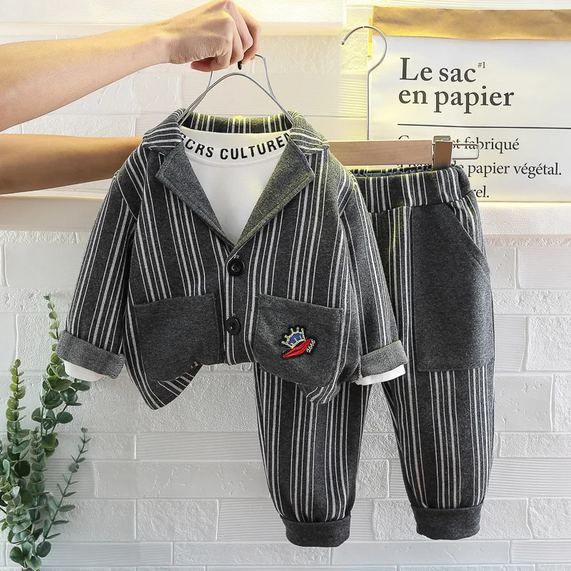 

Spring Fall Kids Gentlemen Suit Set Flower Boys Stripe Blazer Pants Boy Children Wedding Casual Outfit Clothing