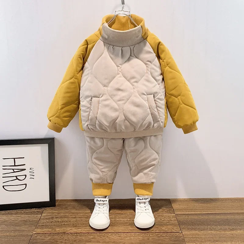 

Children Set Winter Plush Thickened Cotton 1-8Y 2024 New Splicing High Collar Pullover+Pant Boys Girls Warm Suits Kids Clothes