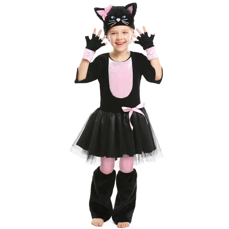 

Cute child Kids Girls Miss Kitty costume for girl pink black cat dress suit Halloween Carnival party Mardi Gras cosplay