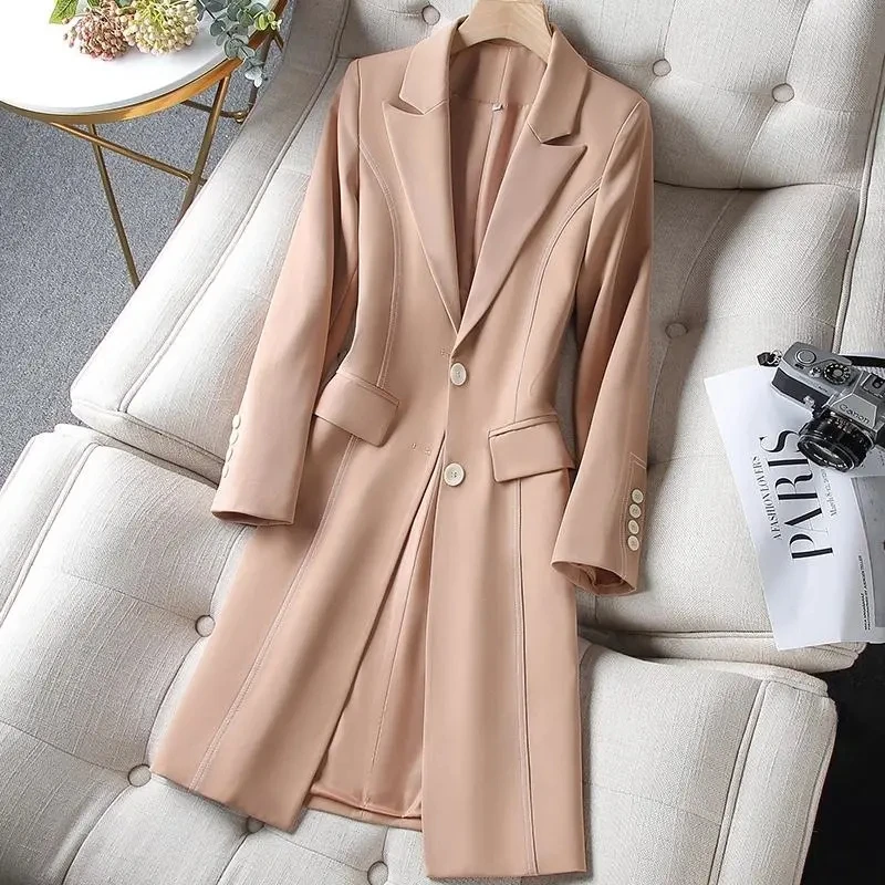 

Plus size Clothing Vintage White Windbreaker Suit Jacket 2023 New Medium Long Autumn Coat Women Thin Blazer Khaki Black 4XL