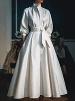 Elegant Women Shirt Dress Long Sleeve Stand Collar Minimalist A-Line Pleated Wedding Guest Long Maxi Dresses with Blet 3
