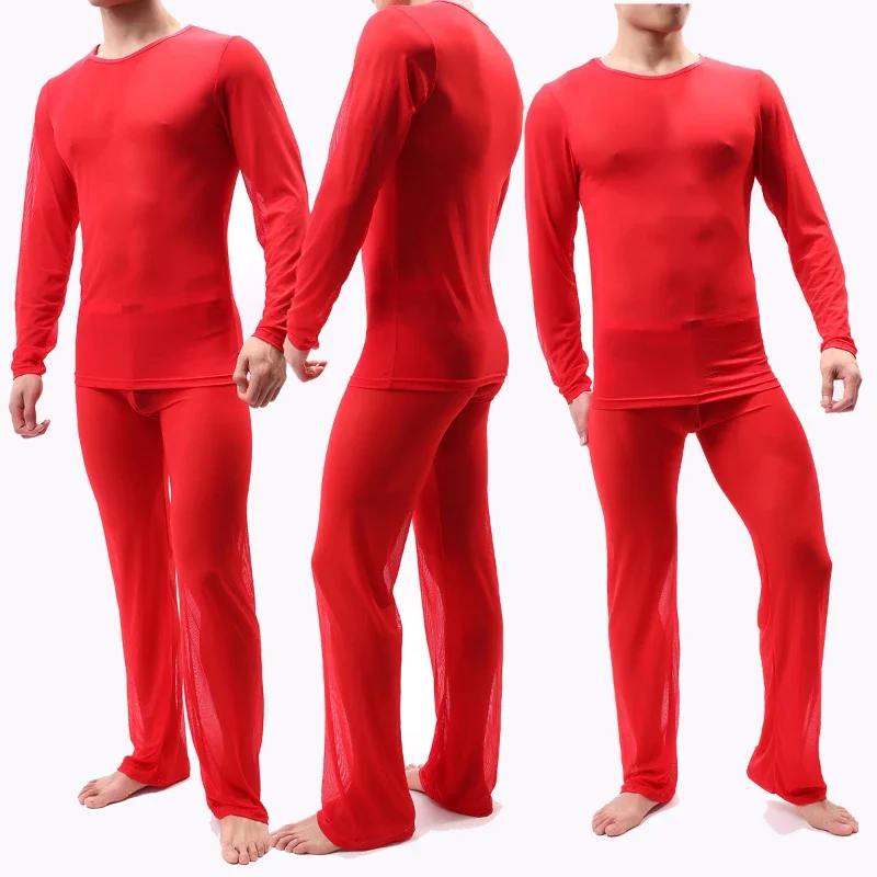 Men Sexy Pajamas Suit Ice Silk Ultra-Thin Perspective Undershirt Pants Home Clothes Suit Gauze High Elastic Night Club Wear pajamas set,silk pajamas,man pajamas set