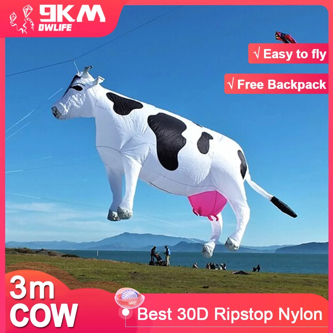 

9KM 3m Cow Kite Line Laundry Pendant Soft Inflatable Show Kite for Kite Festival 30D Ripstop Nylon with Bag