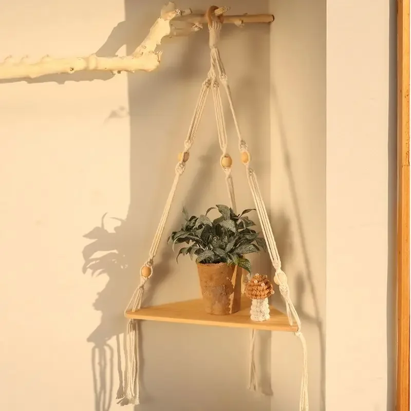 1 Set Wood Wall Shelf Macrame Swing Hanging Floating Display Shelves Hanging Wall Plant Corner Holder Stand For Simple Design 3