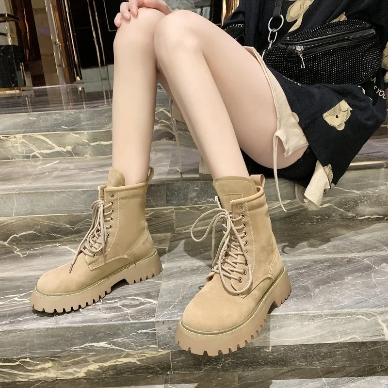 2022 Women Boots Cow Suede Leather Motorcycle Boots Lace-up Shoes Med Heel Ladies Ankle Boots Autumn Woman Shoes Botas De Mujer