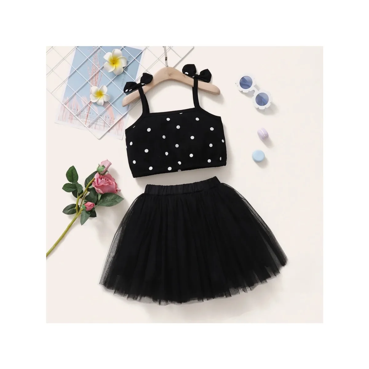 Girl's Fashion Polka Dot Spaghetti Strap with Tutu Set 1