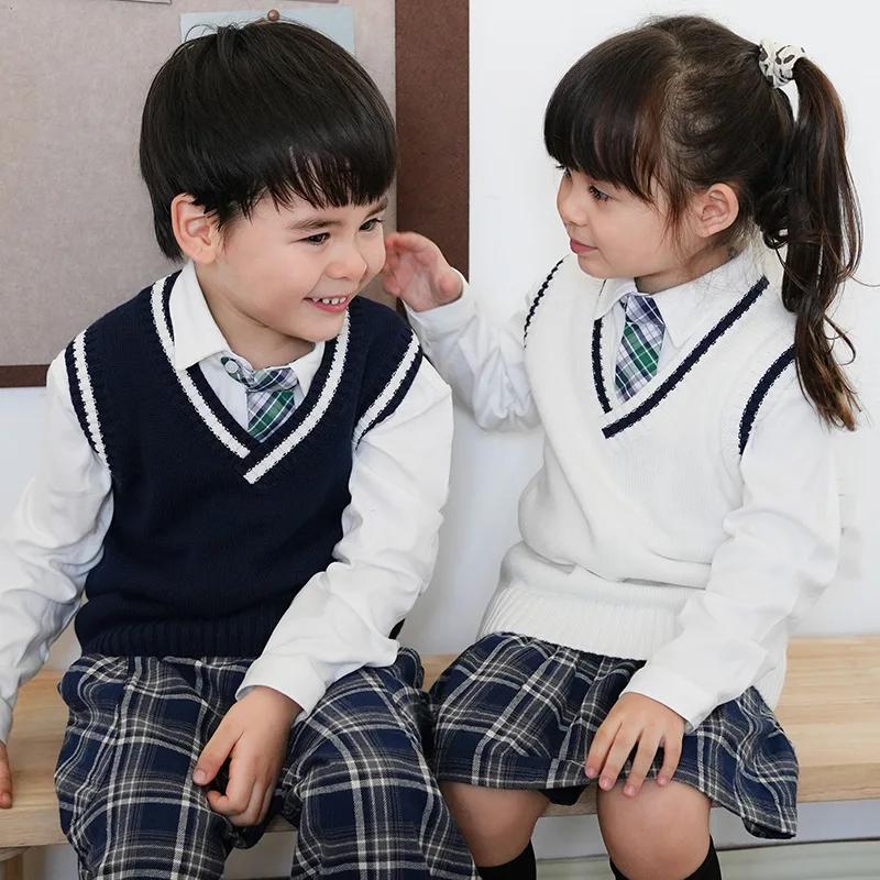 어린이 학교 유니폼 니트 어린이 민소매 v 넥 스트라이프 스웨터 양복 조끼 소년 소녀 봄 가을 캐주얼 니트 탑