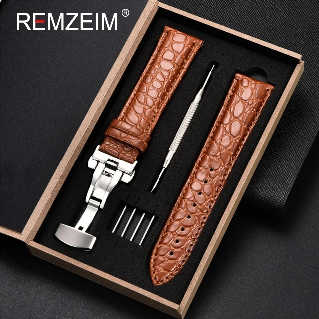 Luxury Embossed Leather Watch Strap with Butterfly Clasp