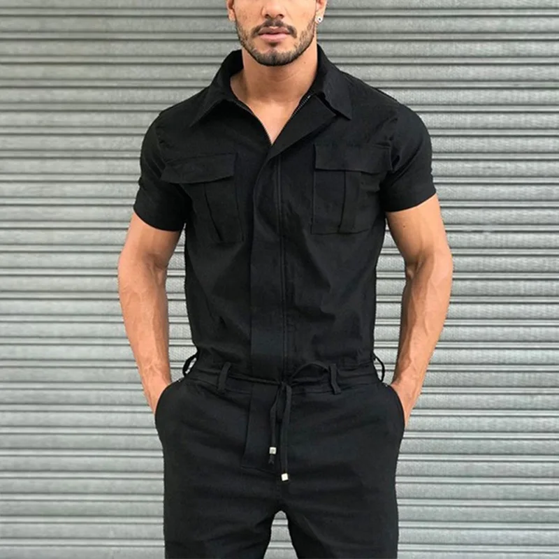 Summer Solid Color Men's Sets Safari Style Jumpsuit Zipper Lapel Short Sleeved Casual Pants custom jumpsuit fitness bodysuit playsuit summer men zipper short sleeve rompers pants diy your own design streetwear loose sets