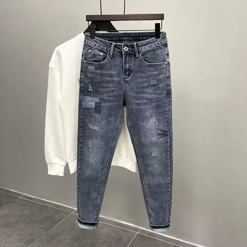 Fashion Men's Jeans Splicing Cat Whiskers Ripped Scratched Luxury Clothing Slim Fit Tapered Legs Designer Slim Jeans