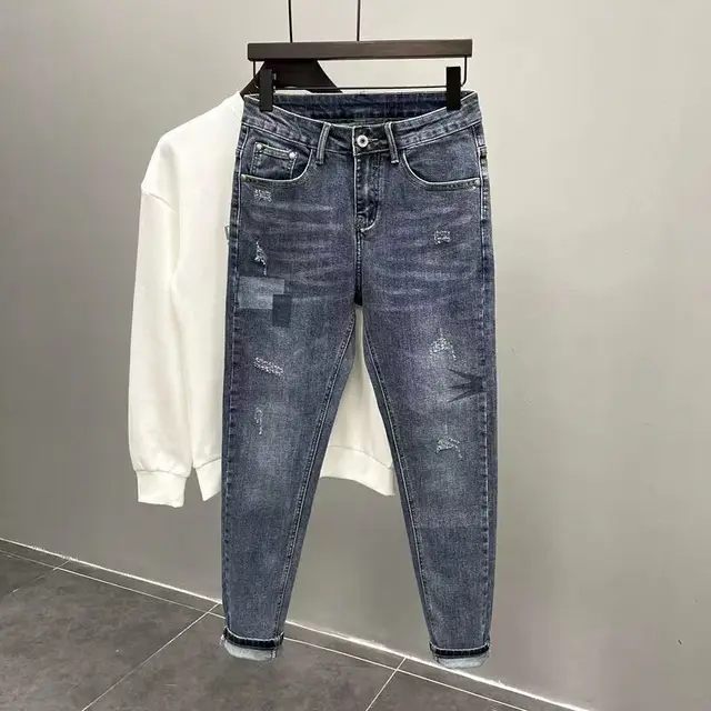 New Arrival Fashion Men's Jeans Splicing Cat Whiskers Ripped Scratched Luxury Clothing Slim Fit Tapered Legs Designer Slim Jeans 1