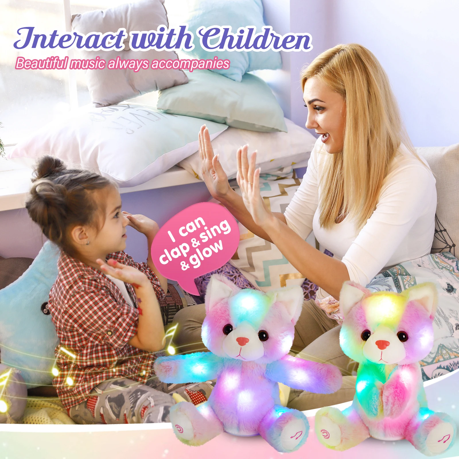 Claping Hand Cat Colorful Gift Stuffed Animals Toy PP Cotton LED Light Plush Toys Electric Birthday Gifts for Girls Children