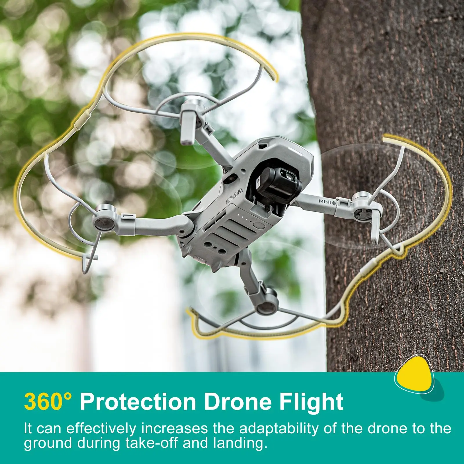 Drone DJI Mini 4K équipé du protège-hélices 360°, prêt pour le vol en toute sécurité.
