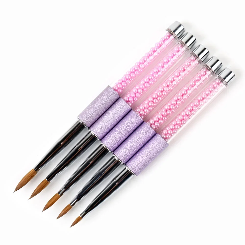 Pink Kolinsky Sable Acrylic Nail Brush Crystal Metal Handle Nail Art Mink Brush Gel Builder Manicure Painting Pen Drawing Tools 5