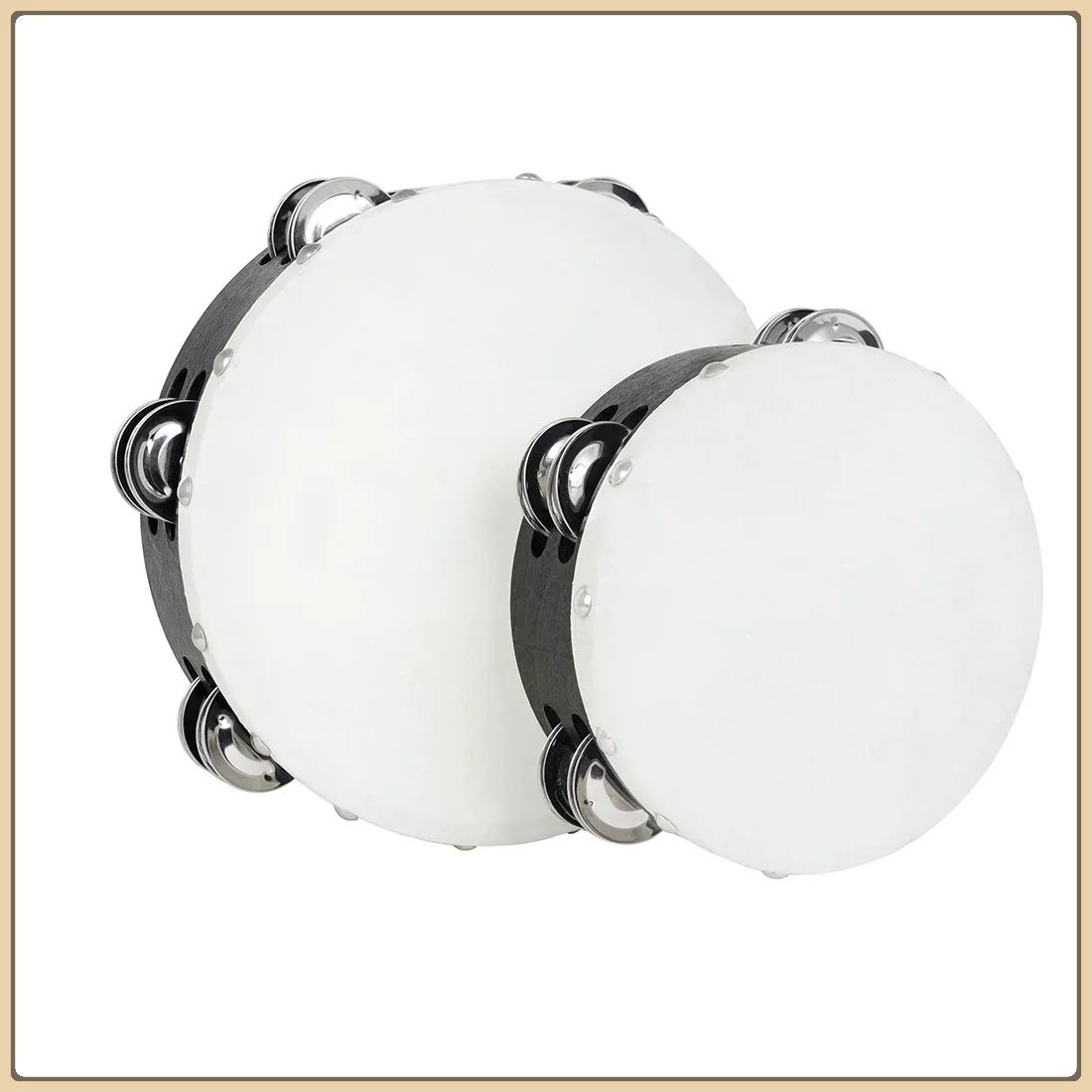 Orff 2 Pcs Tambourine 6 Inch 8 Inch Hand-Ranked Bell Drum Double Row Sheepskin Hand-shake Wooden Music Enlightenment Instrument