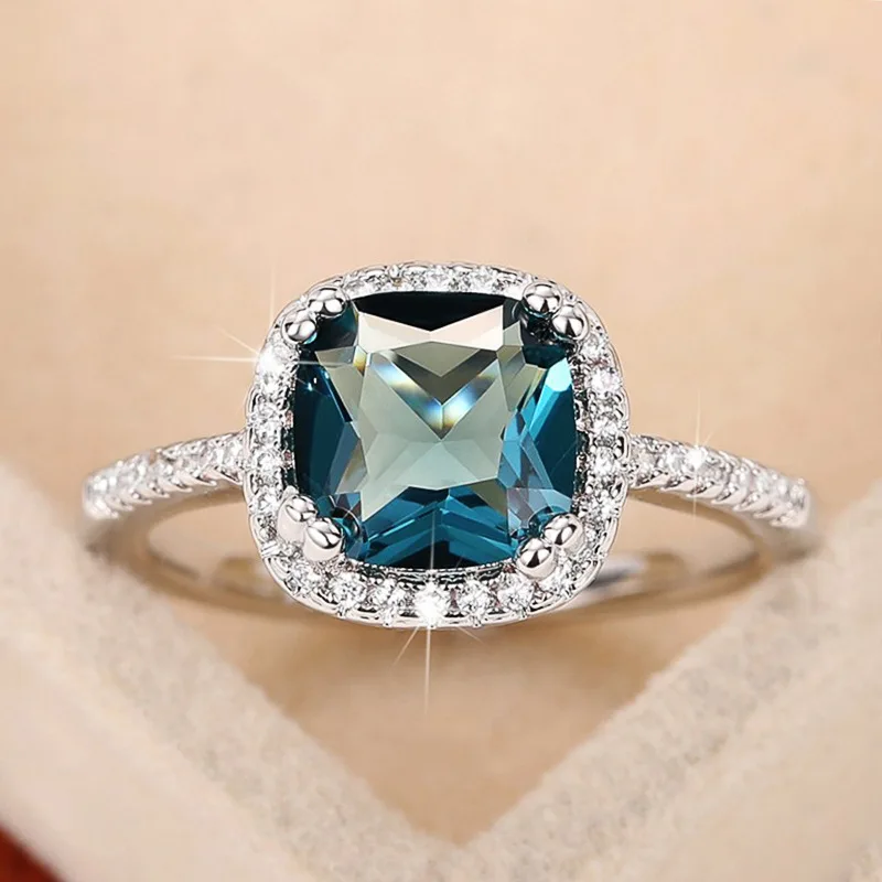 

New Cushion Cut Blue Cubic Zirconia Rings for Women Silver Color Temperament Elegant Lady's Accessory Wedding Trendy Jewelry