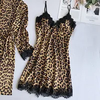 Ensemble chemise de nuit et Robe deux pièces, imprimé léopard, Sexy, garniture en dentelle, écharpe, ouvert sur le devant, peignoir, ensemble pyjama, vêtements de détente 4
