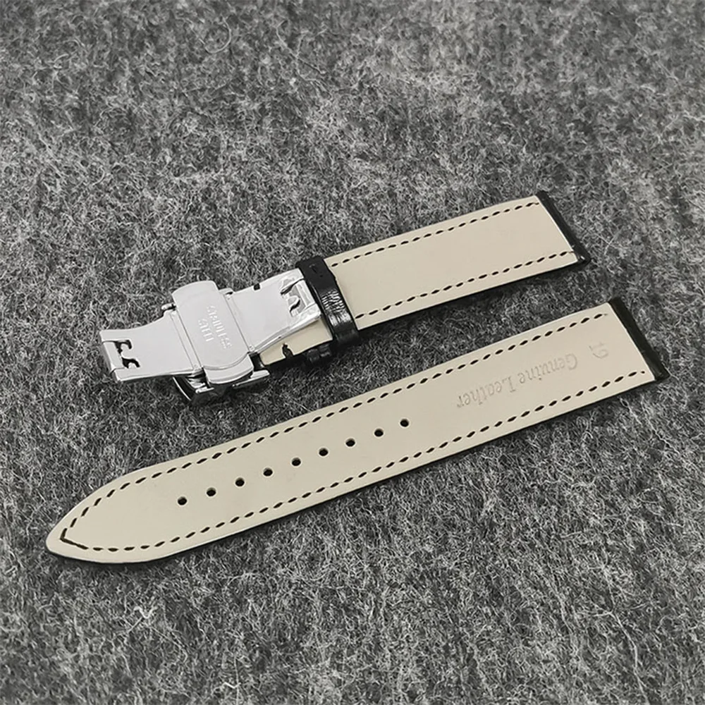 High Quality Genuine Leather Watch Strap 19mm Black/Brown Butterfly Double Buckle Watch Bands Replacement Accessories