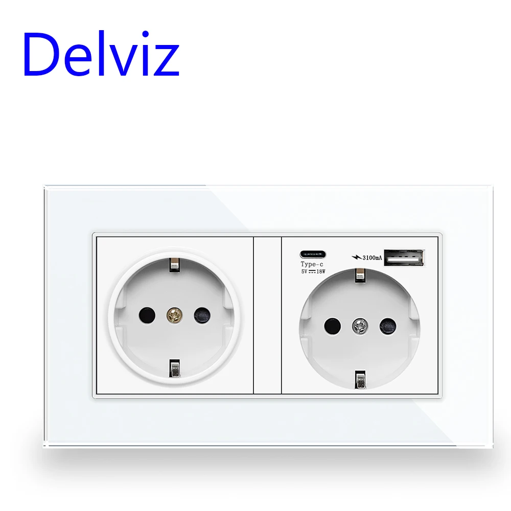 Delviz- Enchufe doble montado en la pared con carga USB, panel de cristal  templado, Toma de corriente 16A disponible para enchufe español, con  puertos