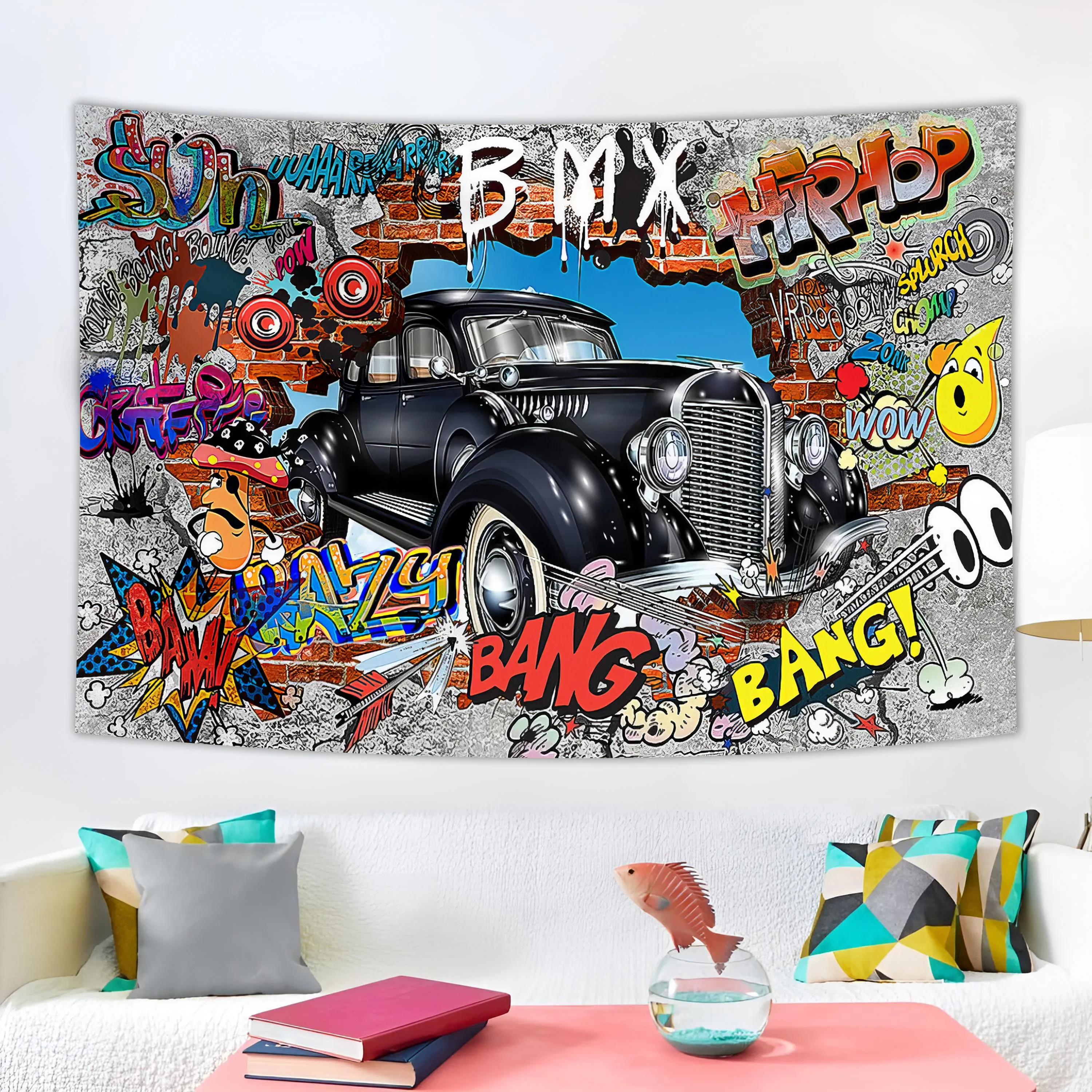 

Jm Decoration Vintage Poster Broken Wall Classic cars Tapestry Background Home Decoration Room Banner Wall Hanging Sofa Blanket