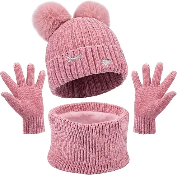 3 Pack Kids Hat Scarf Gloves Sets Winter Warm Pom Beanie Hat Fleece Lined Neck Warmer for Girls Boys 2-6