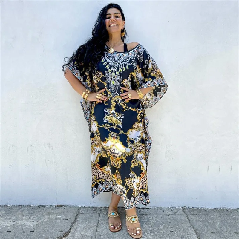 Loose Bikini Cover-ups Kaftan Short Sleeve Beach Maxi Dress Summer \Woman Beach Wear Swim Suit Cover Up