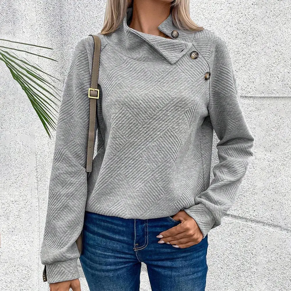 

Warm Sweatshirt Cozy Stand Collar Women's Sweatshirt with Slant Button Decor Elastic Cuff Thick Warm Loose Pullover for Fall